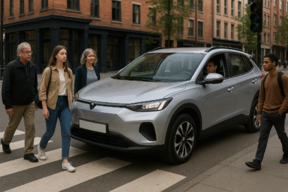 Električni SUV s prisotnim voznikom ustavljen pred prehodom za pešce, medtem ko mimo hodijo pešci v mestnem okolju.