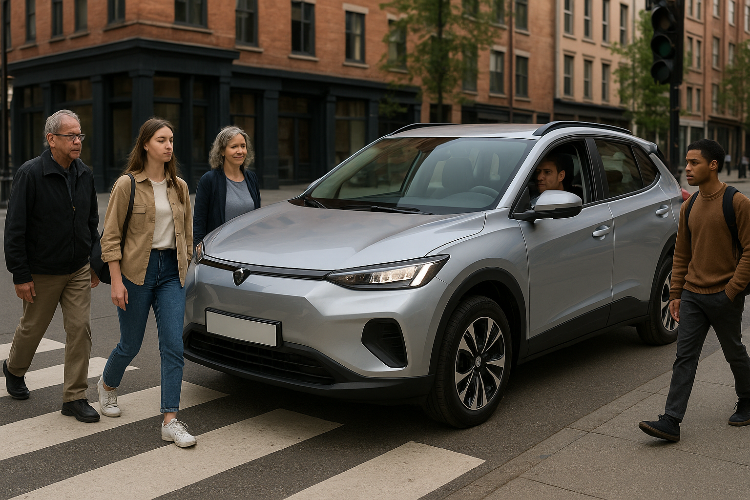 Električni SUV s prisotnim voznikom ustavljen pred prehodom za pešce, medtem ko mimo hodijo pešci v mestnem okolju.